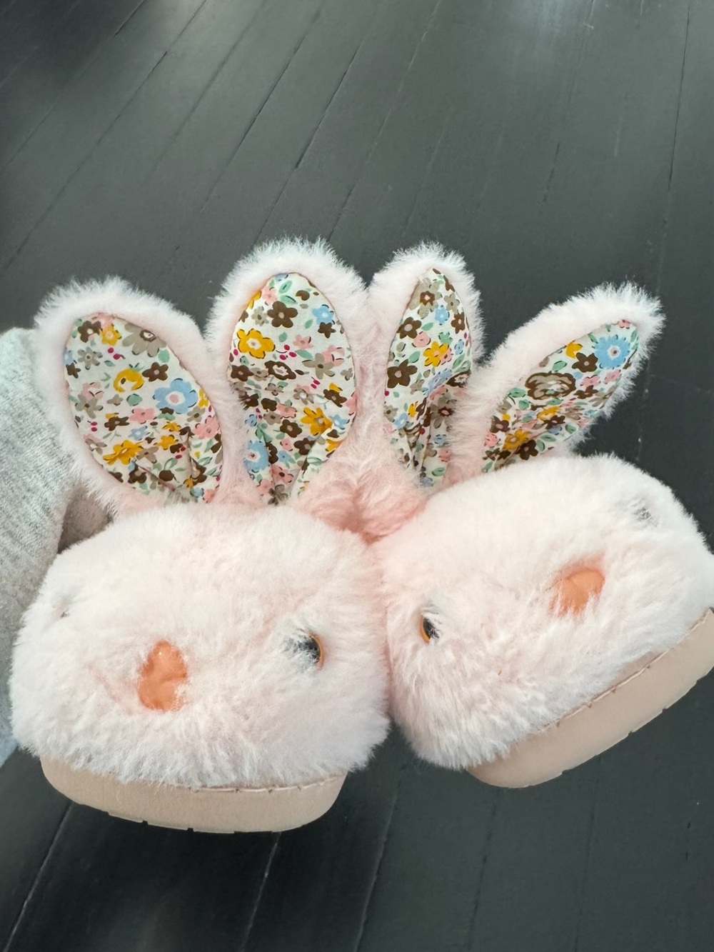 Pink Bunny Ear Plush Slippers with Floral Lining